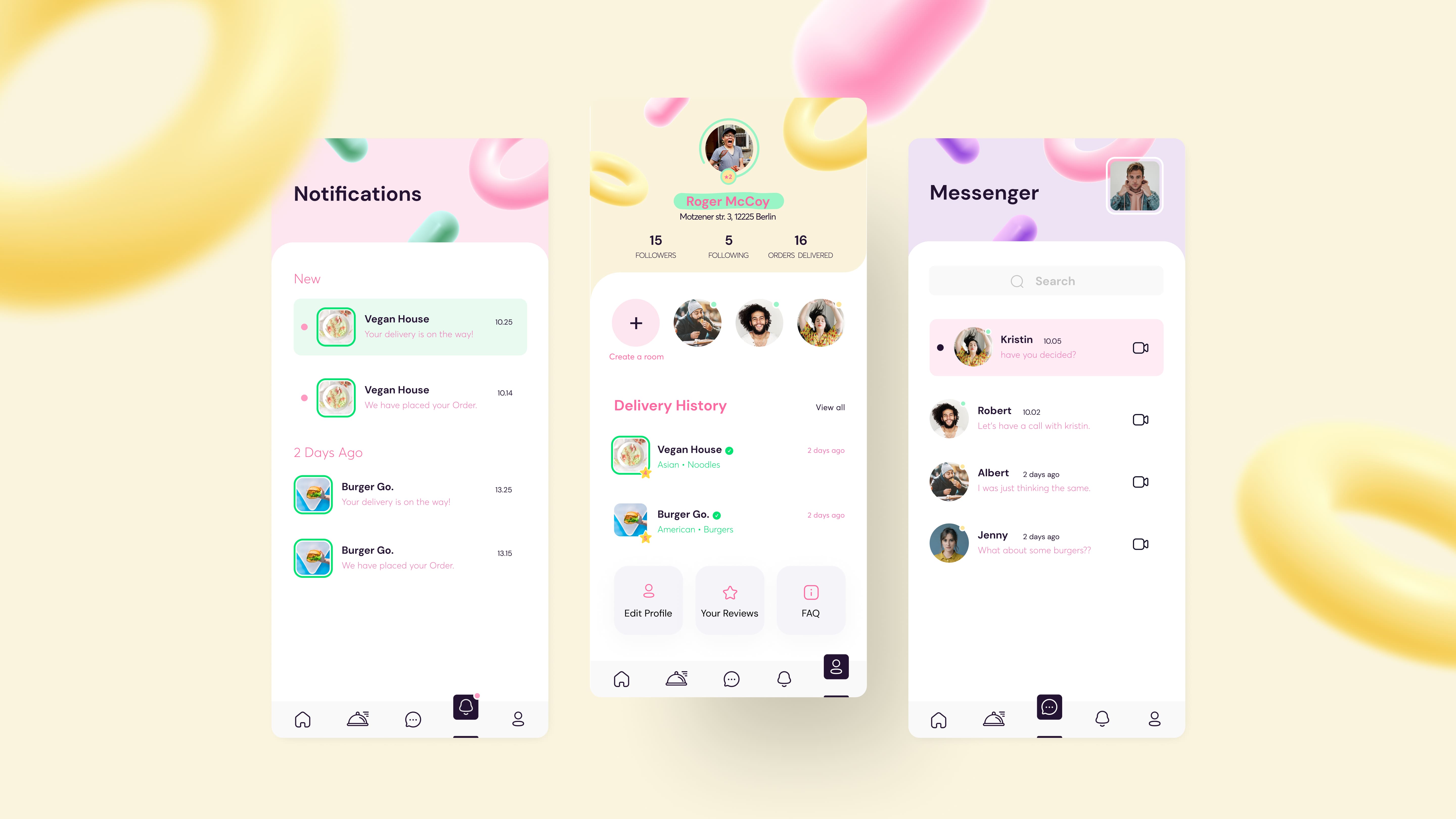 Notifications, profile, messenger
